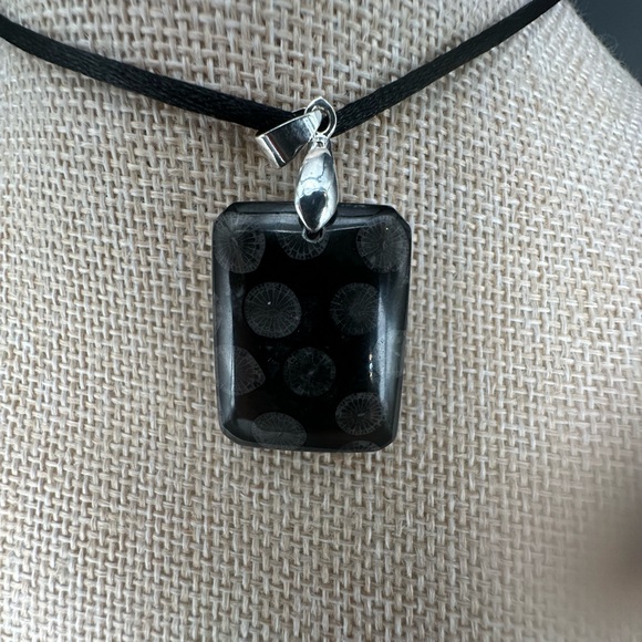 Black Coral Fossil Pendant Necklace on Black Satin Rope - Picture 12 of 14